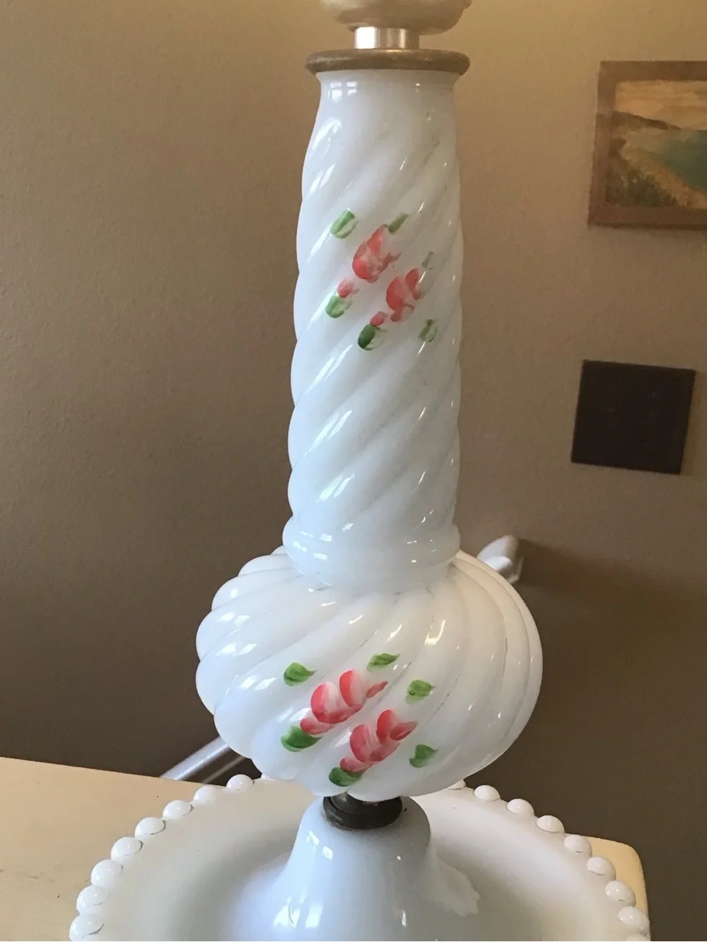 Vintage 12” Swirl Milkglass Handpainted Hob Knob Accent Lamp